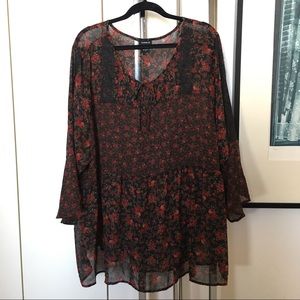 Torrid Tiny Red Rose Print Poet-y Top With Lace